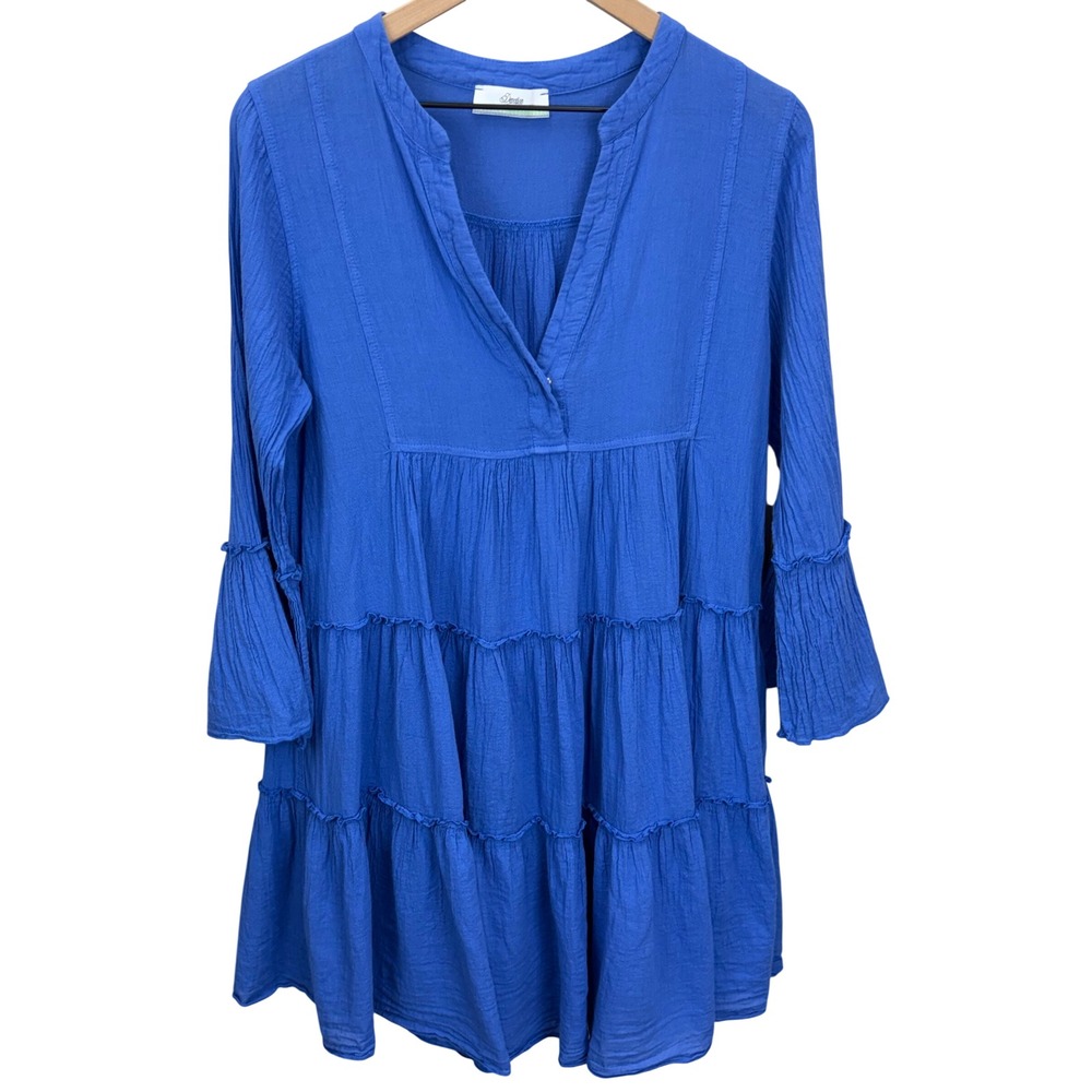 Devotion Twins Ella Blue Gauzy Cotton Tiered Mini Dress Greece Womens Size S